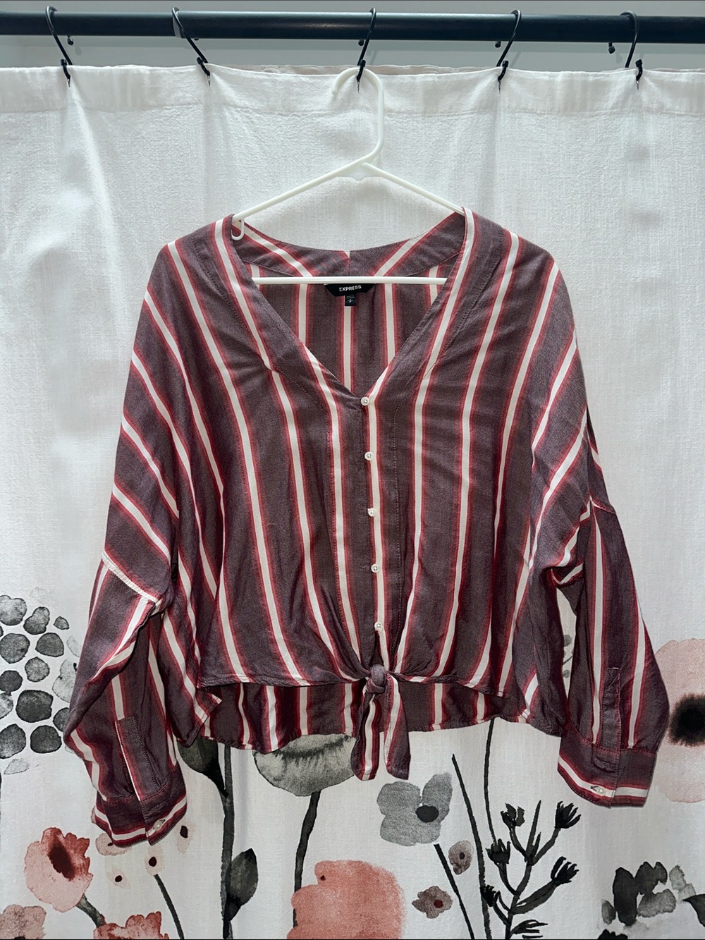 Express Burgundy & White Striped Button-Front Tie Hem Shirt